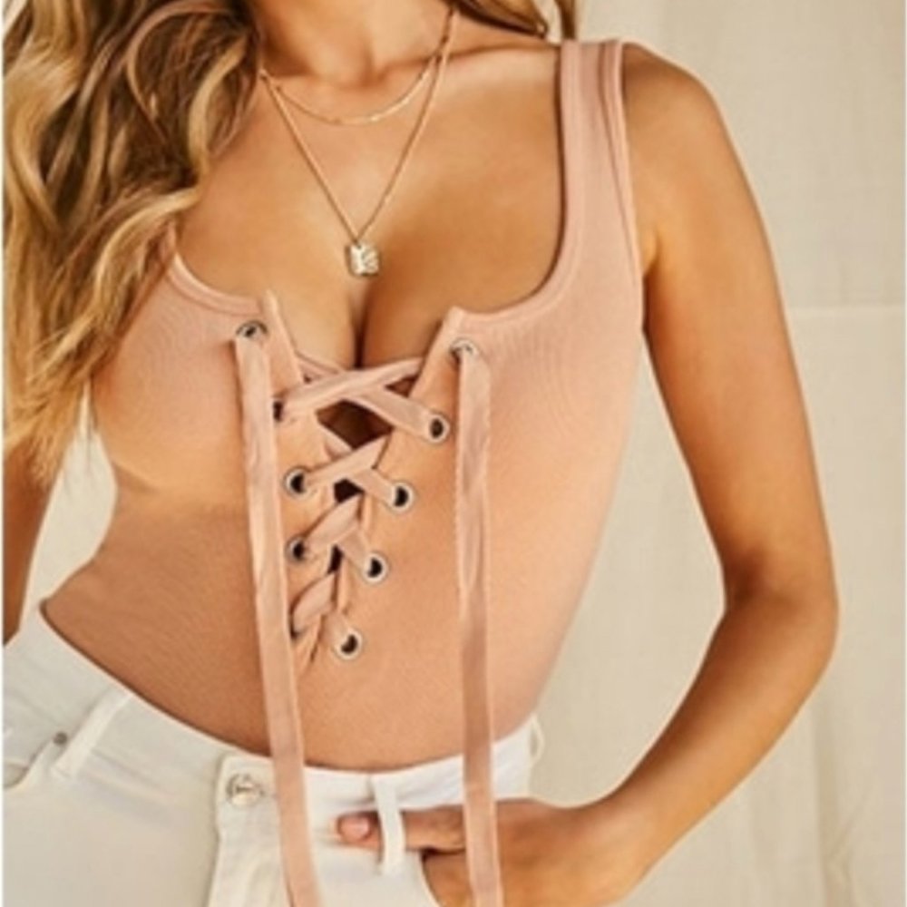 NWT Forever 21 Nude Ribbed Lace-Up Bodysuit